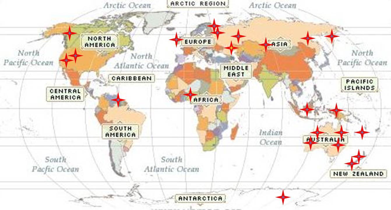 World map,locations of projects worked on by NZ Exploration.